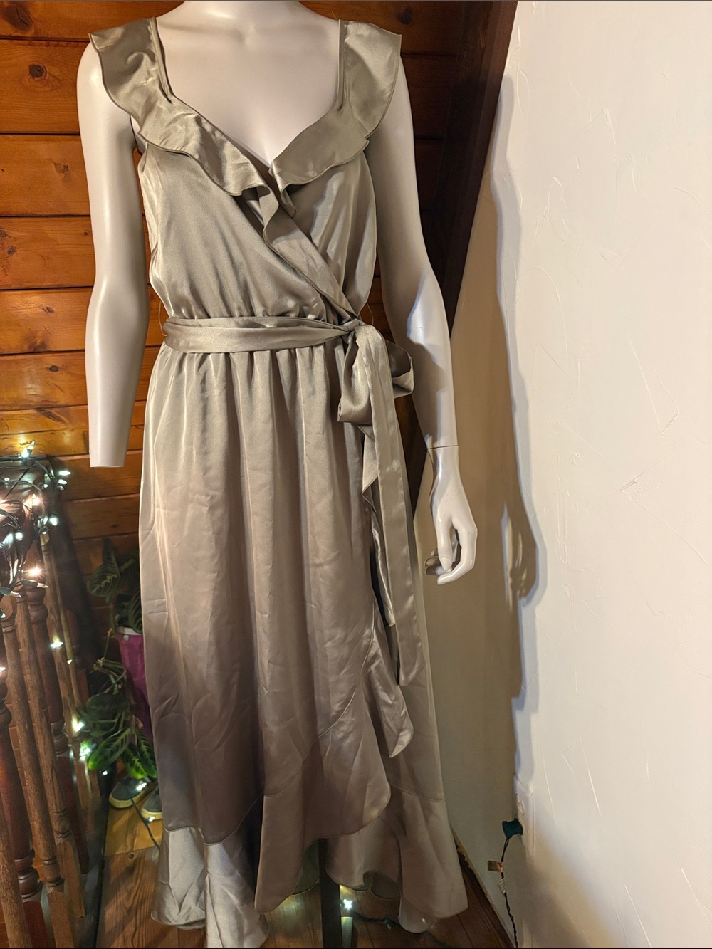 Show Me Your Mumu Samantha Ruffle Wrap Dress L Green Satin Wedding